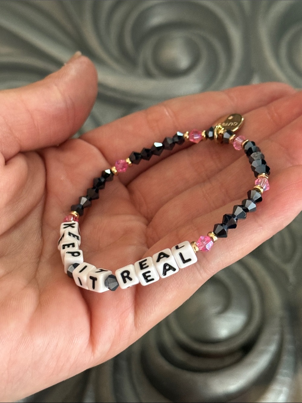 Little Words Project Keep It Real Beaded Stretch Bracelet Pink & Black Crystals - Picture 8 of 8